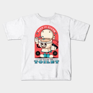 Flush the toilet, a cartoon of a toilet mascot holding a toilet straw Kids T-Shirt